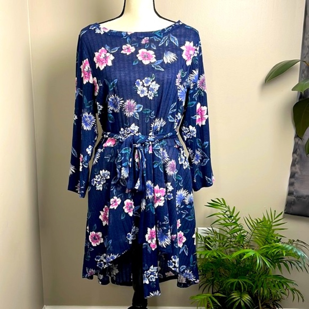 Lane Bryant Navy Blue Dress with Floral Print and Striped Texture Size14/16